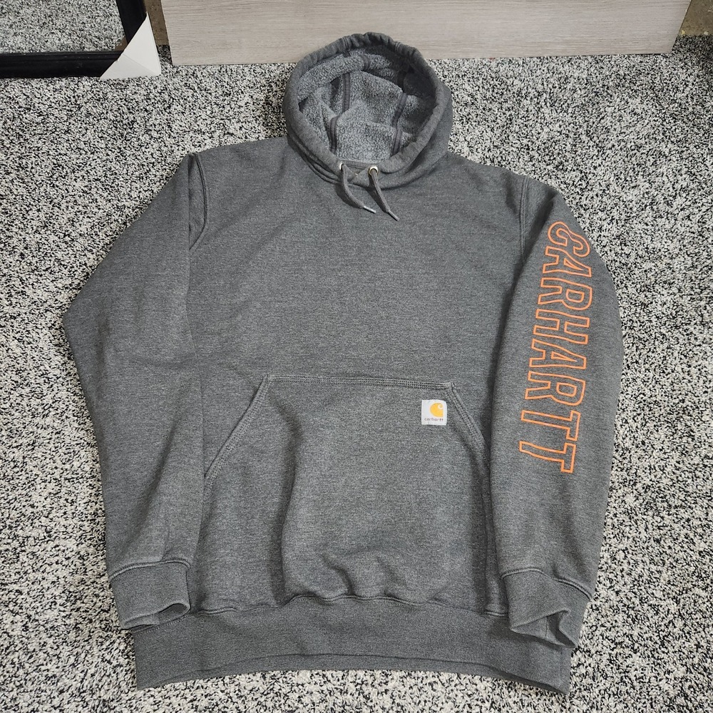 Carhartt Mens Medium Hoodie Gray W/ Orange Lettering Warm Fleece Workwear Thick